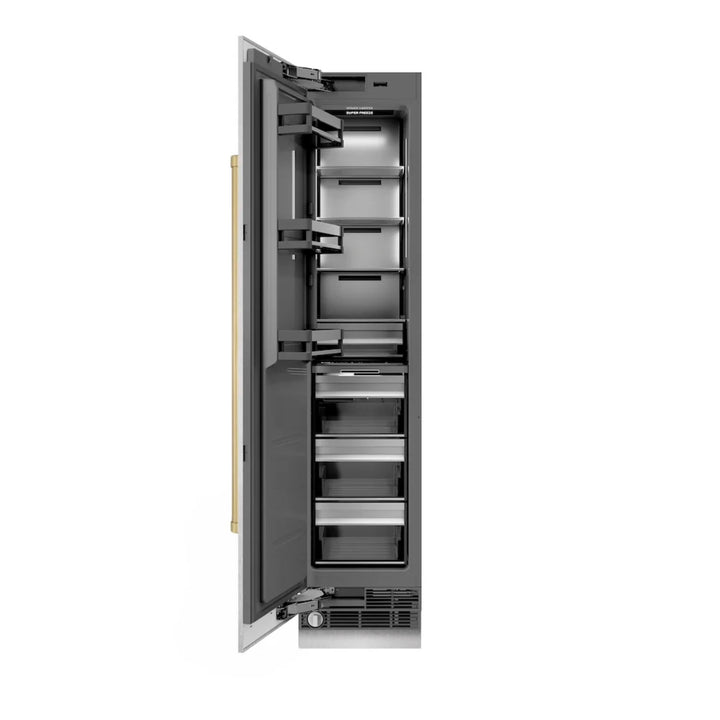 ZLINE Autograph Edition 18-Inch Left Hinge Column Freezer in DuraSnow® Stainless Steel with Graphite Gray Interior and Champagne Bronze Accents