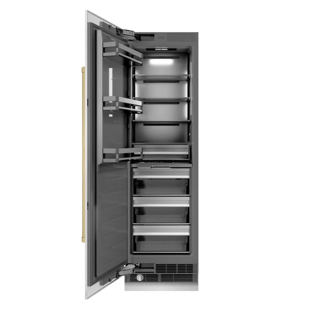 ZLINE Autograph Edition 24-Inch Column Freezer in DuraSnow® Stainless Steel with Graphite Gray Interior and Champagne Bronze Accents