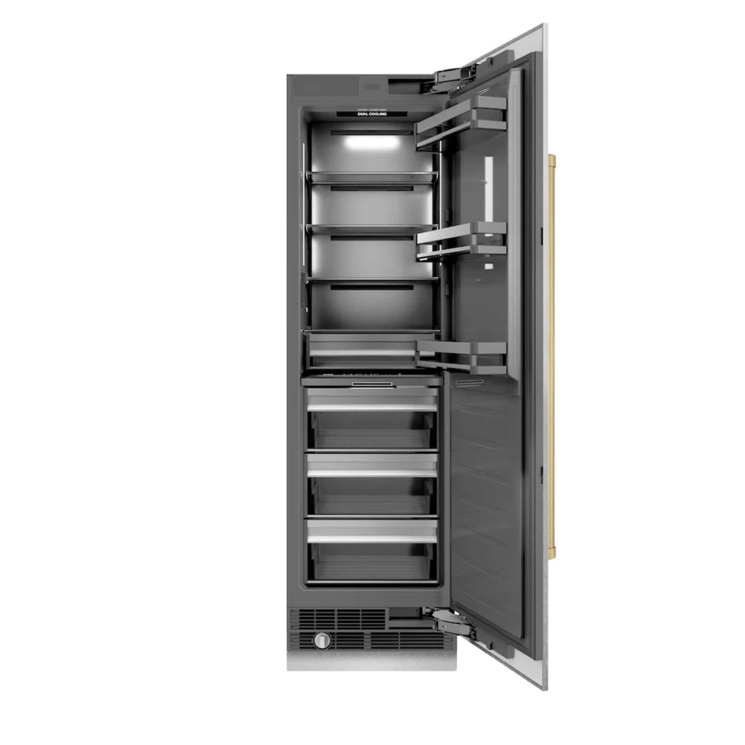 ZLINE Autograph Edition 24-Inch Column Refrigerator in DuraSnow® Stainless Steel with Graphite Gray Interior and Champagne Bronze Accents