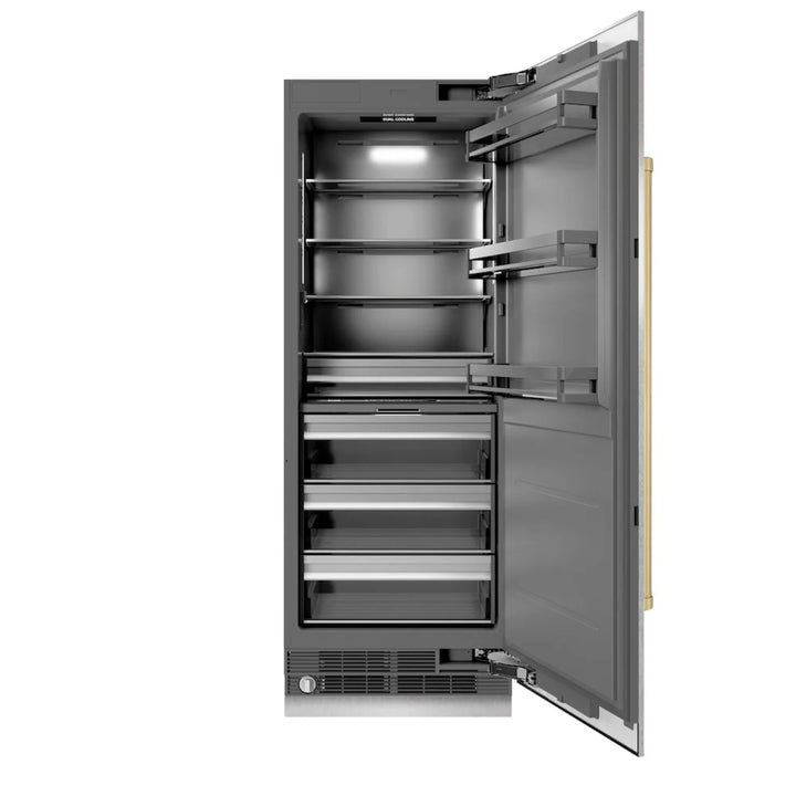 ZLINE Autograph Edition 30-Inch Column Refrigerator in DuraSnow® Stainless Steel with Graphite Gray Interior and Champagne Bronze Accents