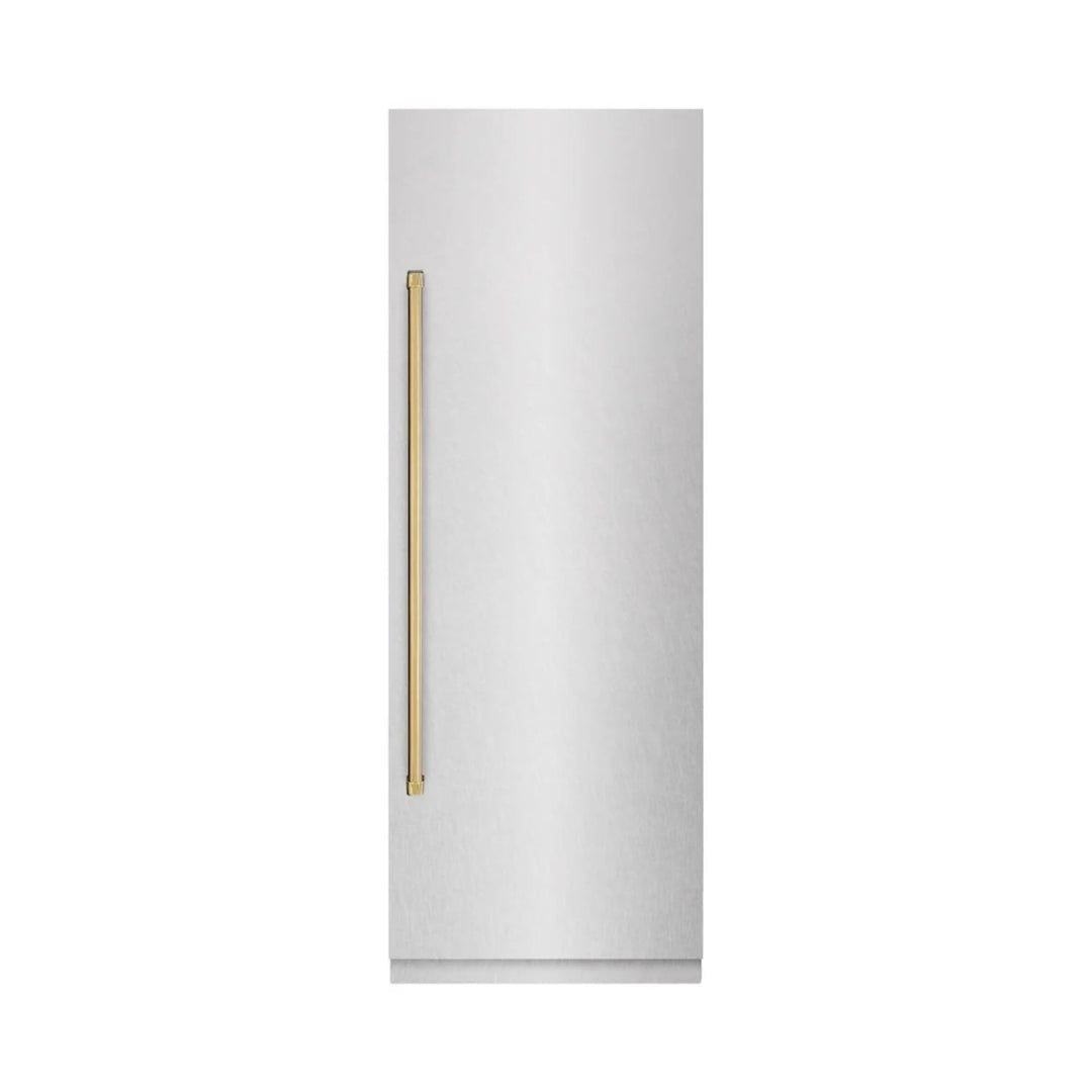 ZLINE Autograph Edition 30-Inch Column Refrigerator in DuraSnow® Stainless Steel with Graphite Gray Interior and Polished Gold Accents