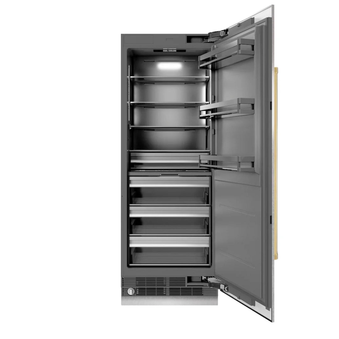 ZLINE Autograph Edition 30-Inch Column Refrigerator in DuraSnow® Stainless Steel with Graphite Gray Interior and Polished Gold Accents