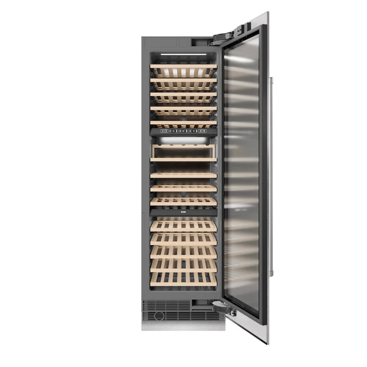ZLINE Autograph Edition 24-Inch Triple Zone 100 Bottle Column Wine Cooler in White Matte with Polished Gold Accents