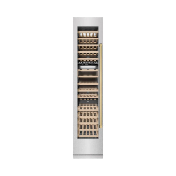 ZLINE 18-Inch 9.0 Cu. Ft. Autograph Edition Triple Zone Panel Ready Left Hinge Column Wine Cooler with Champagne Bronze Accents and DuraSnow® Stainless Steel