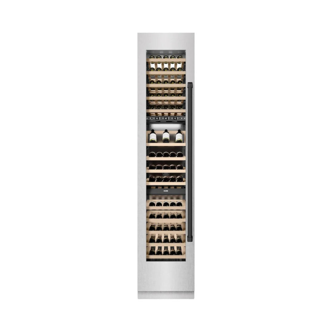 ZLINE 18-Inch 9.0 Cu. Ft. Autograph Edition Triple Zone Panel Ready Left Hinge Column Wine Cooler with DuraSnow® Stainless Steel and Matte Black Accents