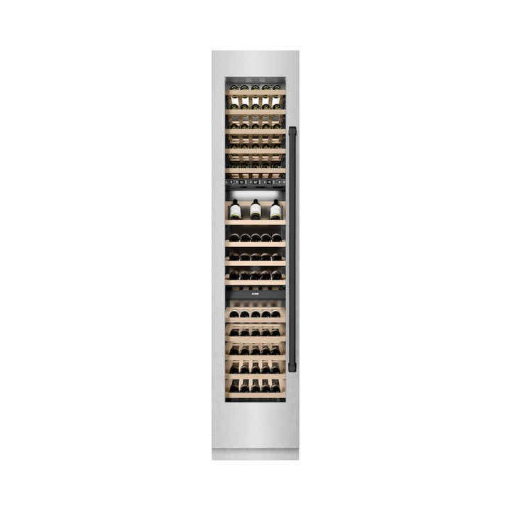 ZLINE 18-Inch 9.0 Cu. Ft. Autograph Edition Triple Zone Panel Ready Left Hinge Column Wine Cooler with DuraSnow® Stainless Steel and Matte Black Accents