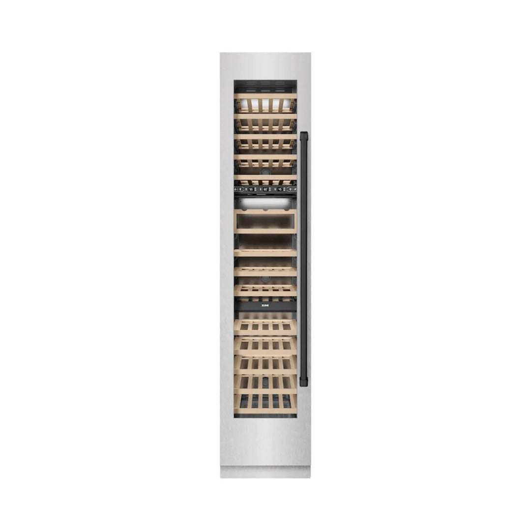 ZLINE 18-Inch 9.0 Cu. Ft. Autograph Edition Triple Zone Panel Ready Left Hinge Column Wine Cooler with DuraSnow® Stainless Steel and Matte Black Accents