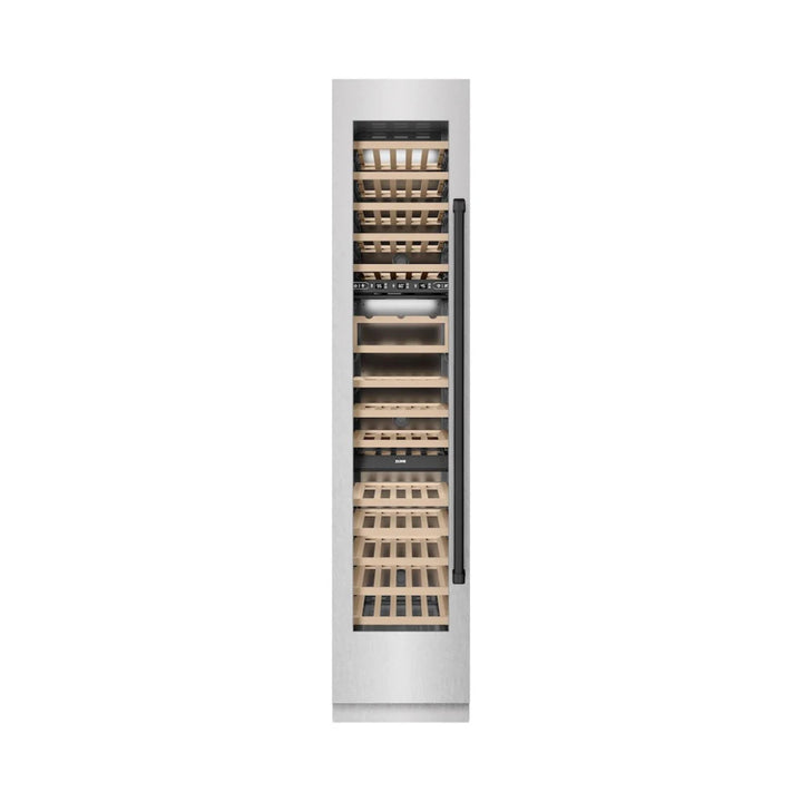 ZLINE 18-Inch 9.0 Cu. Ft. Autograph Edition Triple Zone Panel Ready Left Hinge Column Wine Cooler with DuraSnow® Stainless Steel and Matte Black Accents