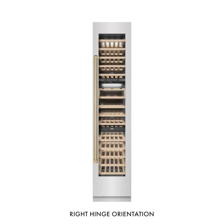 ZLINE Autograph Edition 18-Inch 9.0 Cu. Ft. Triple Zone Panel Ready Right Hinge Column Wine Cooler in DuraSnow® Stainless Steel with Polished Gold Accents