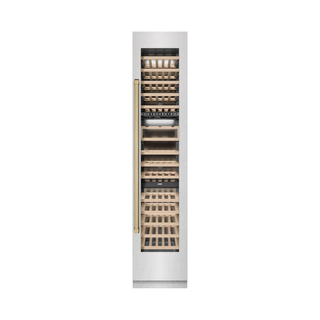 ZLINE Autograph Edition 18-Inch 9.0 Cu. Ft. Triple Zone Panel Ready Right Hinge Column Wine Cooler in DuraSnow® Stainless Steel with Polished Gold Accents