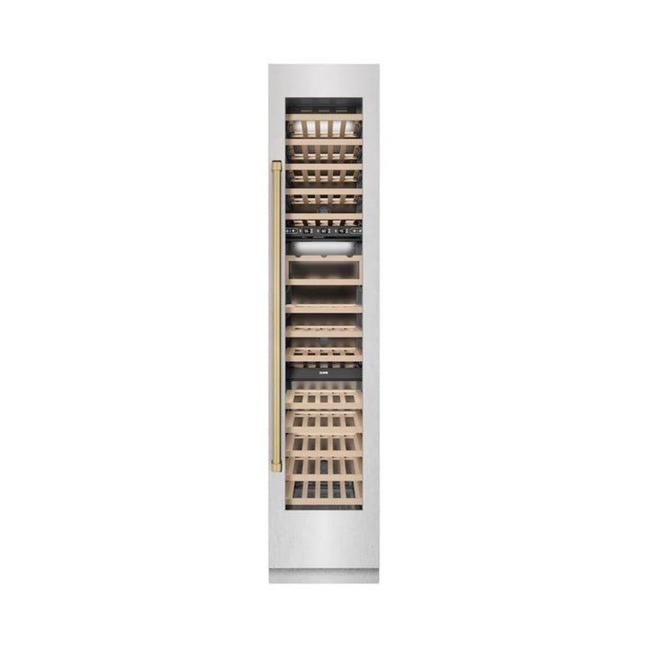 ZLINE Autograph Edition 18-Inch 9.0 Cu. Ft. Triple Zone Panel Ready Right Hinge Column Wine Cooler in DuraSnow® Stainless Steel with Polished Gold Accents