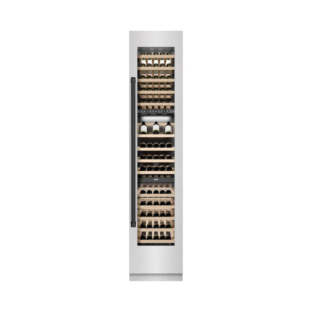 ZLINE Autograph Edition 18-Inch 9.0 Cu. Ft. Triple Zone Panel Ready Right Hinge Column Wine Cooler in DuraSnow® Stainless Steel with Matte Black Accents