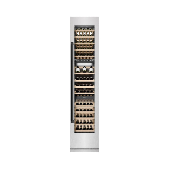 ZLINE Autograph Edition 18-Inch 9.0 Cu. Ft. Triple Zone Panel Ready Right Hinge Column Wine Cooler in DuraSnow® Stainless Steel with Matte Black Accents