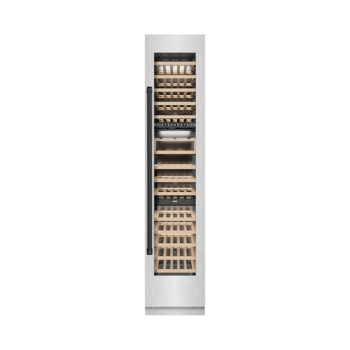 ZLINE Autograph Edition 18-Inch 9.0 Cu. Ft. Triple Zone Panel Ready Right Hinge Column Wine Cooler in DuraSnow® Stainless Steel with Matte Black Accents