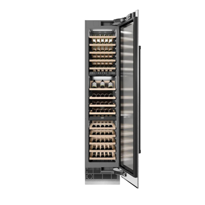ZLINE Autograph Edition 18-Inch 9.0 Cu. Ft. Triple Zone Panel Ready Right Hinge Column Wine Cooler in White Matte with Champagne Bronze Accents