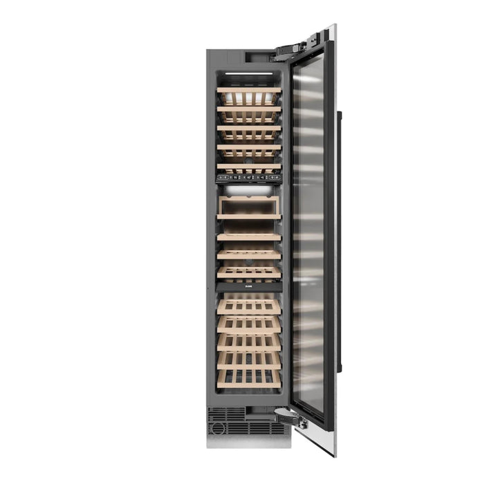 ZLINE Autograph Edition 18-Inch 9.0 Cu. Ft. Triple Zone Panel Ready Right Hinge Column Wine Cooler in White Matte with Champagne Bronze Accents