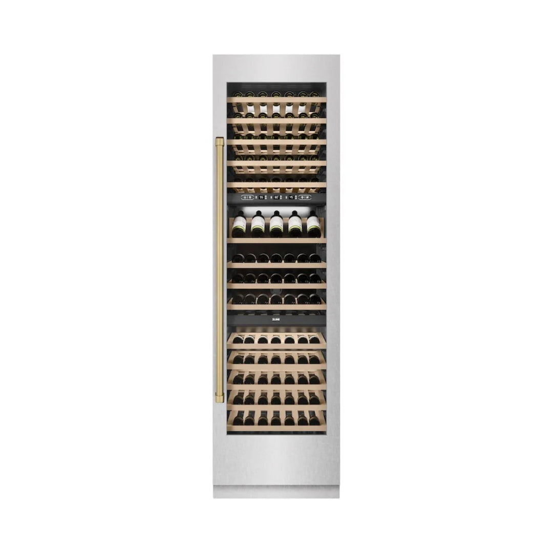 ZLINE Autograph Edition 24-Inch Dual Zone 44-Bottle Wine Cooler in DuraSnow® Stainless Steel with Polished Gold Accents