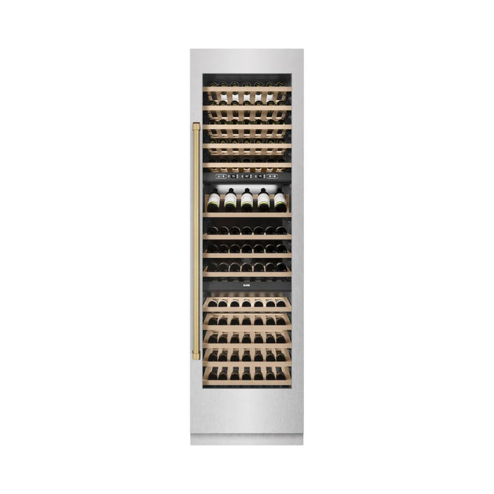 ZLINE Autograph Edition 24-Inch Dual Zone 44-Bottle Wine Cooler in DuraSnow® Stainless Steel with Polished Gold Accents