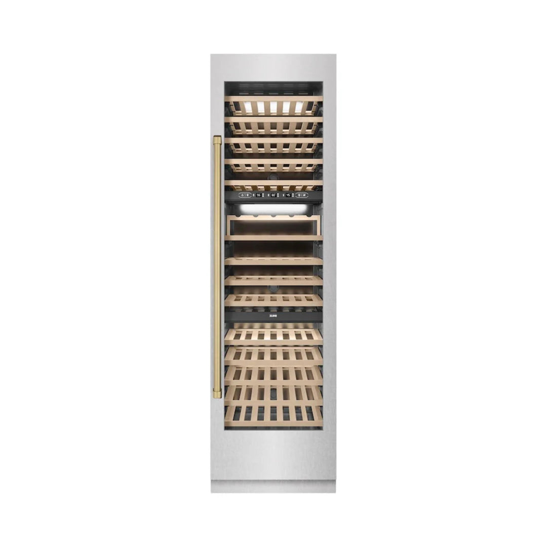ZLINE Autograph Edition 24-Inch Dual Zone 44-Bottle Wine Cooler in DuraSnow® Stainless Steel with Polished Gold Accents