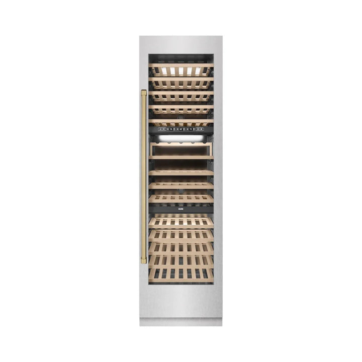 ZLINE Autograph Edition 24-Inch Dual Zone 44-Bottle Wine Cooler in DuraSnow® Stainless Steel with Champagne Bronze Accents