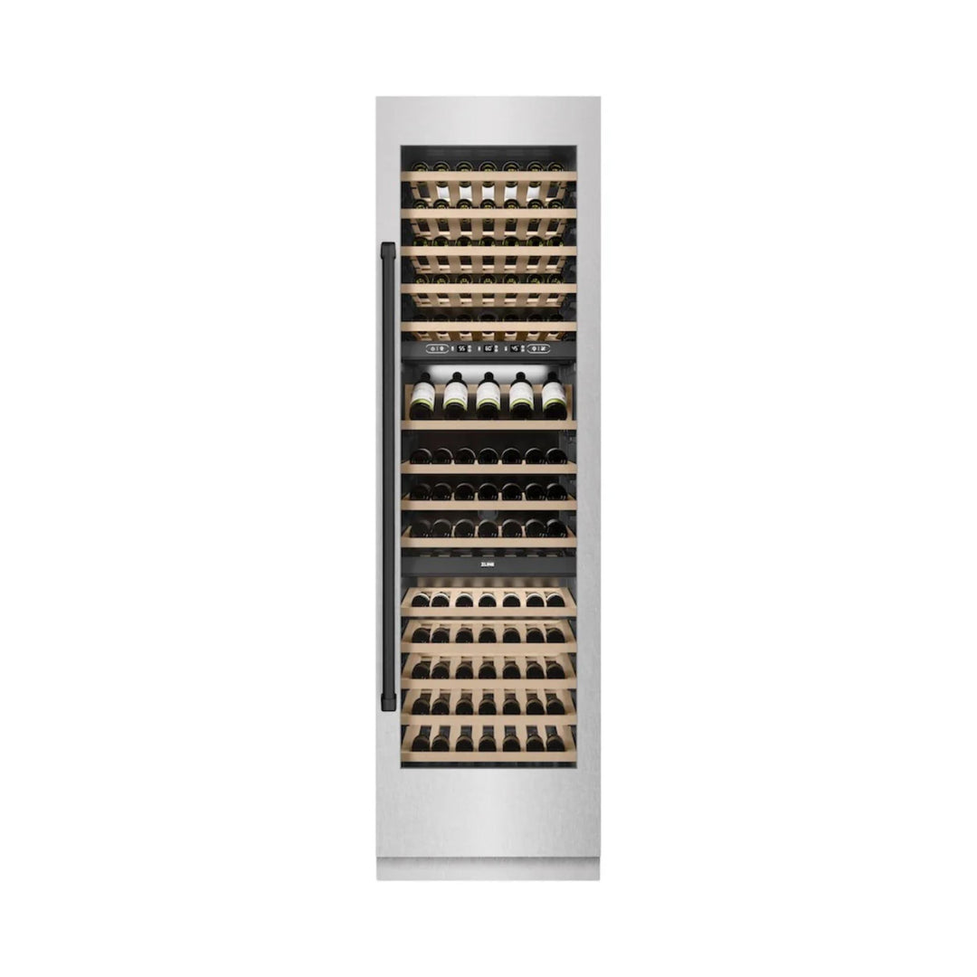 ZLINE Autograph Edition 24-Inch Triple Zone 100 Bottle Column Wine Cooler in DuraSnow® Stainless Steel with Matte Black Accents