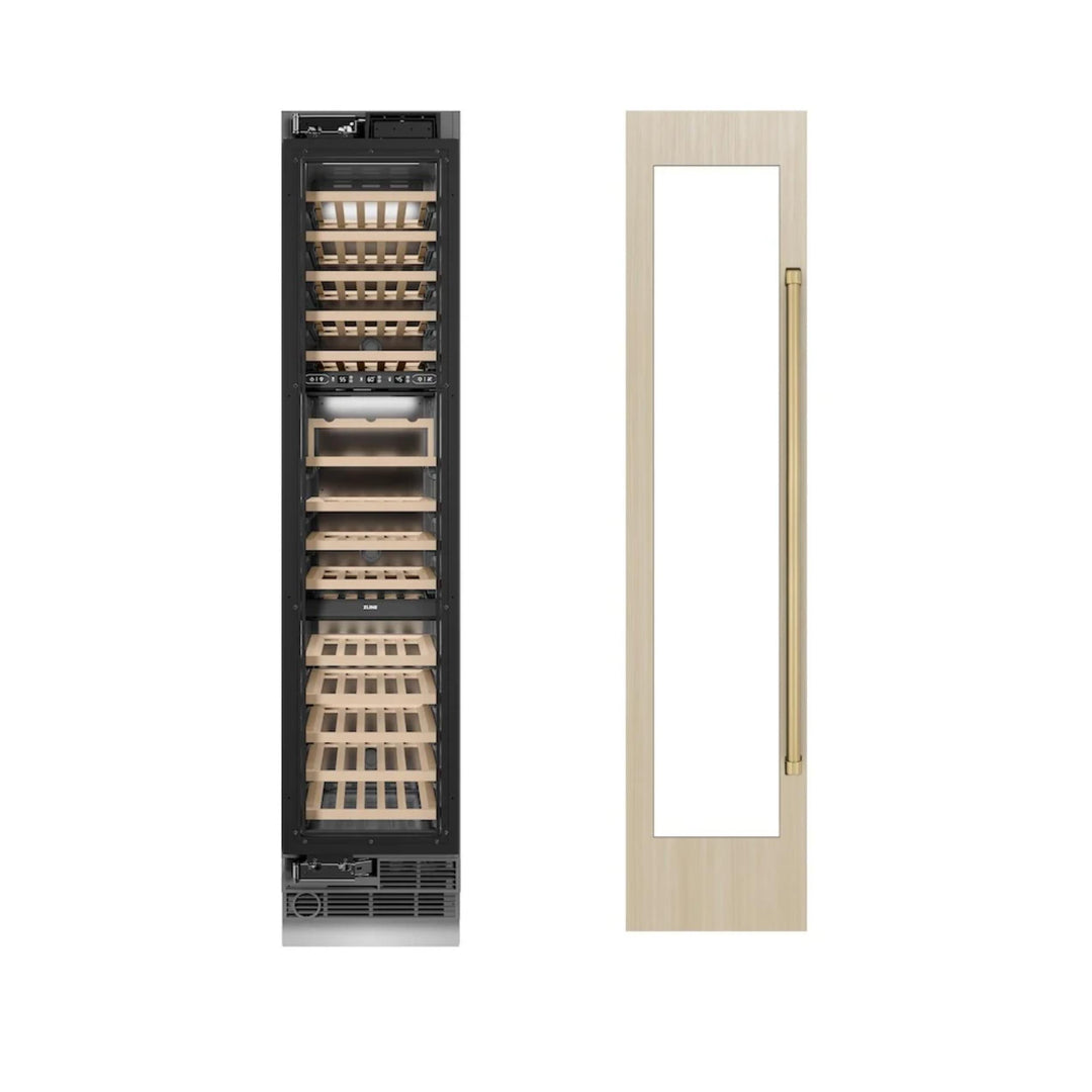 ZLINE Autograph Edition 18 in. 9.0 cu. ft. Triple Zone 68 Bottle Panel Ready Left Hinge Column Wine Cooler with Champagne Bronze Accents