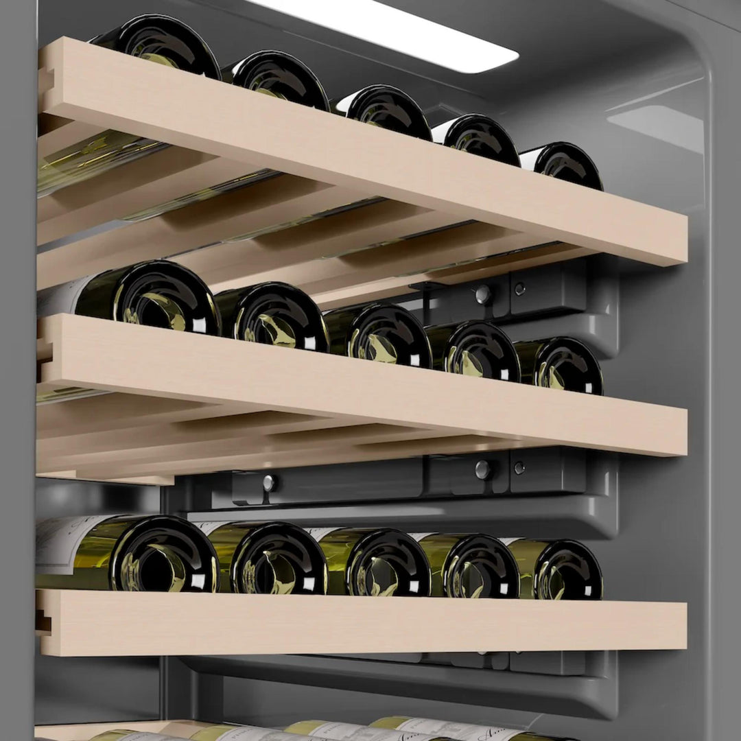 ZLINE 18-Inch 68-Bottle 9.0 Cu. Ft. Autograph Edition Triple Zone Panel Ready Column Wine Cooler with Matte Black Accents