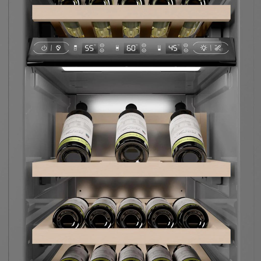 ZLINE 18-Inch 9.0 Cu. Ft. Autograph Edition Triple Zone Panel Ready Left Hinge Column Wine Cooler with DuraSnow® Stainless Steel and Matte Black Accents