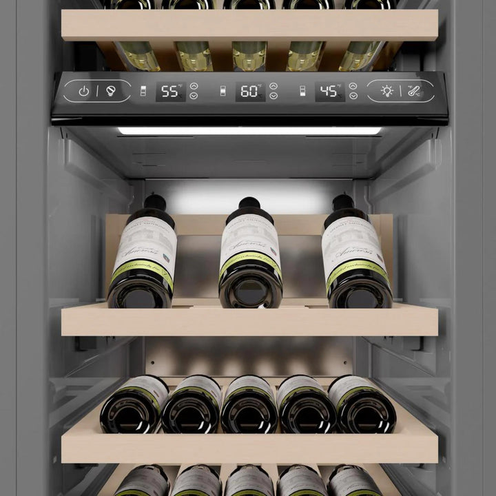 ZLINE Autograph Edition 18-Inch 9.0 Cu. Ft. Triple Zone Panel Ready Right Hinge Column Wine Cooler in White Matte with Champagne Bronze Accents