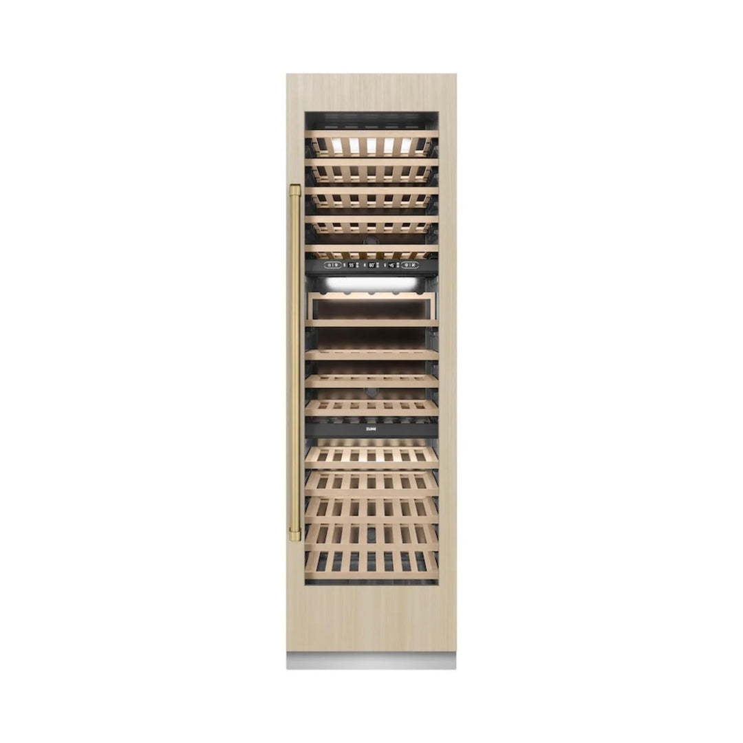 ZLINE 24-Inch 100-Bottle 12.4 Cu. Ft. Autograph Edition Triple Zone Panel Ready Column Wine Cooler with Champagne Bronze Accents