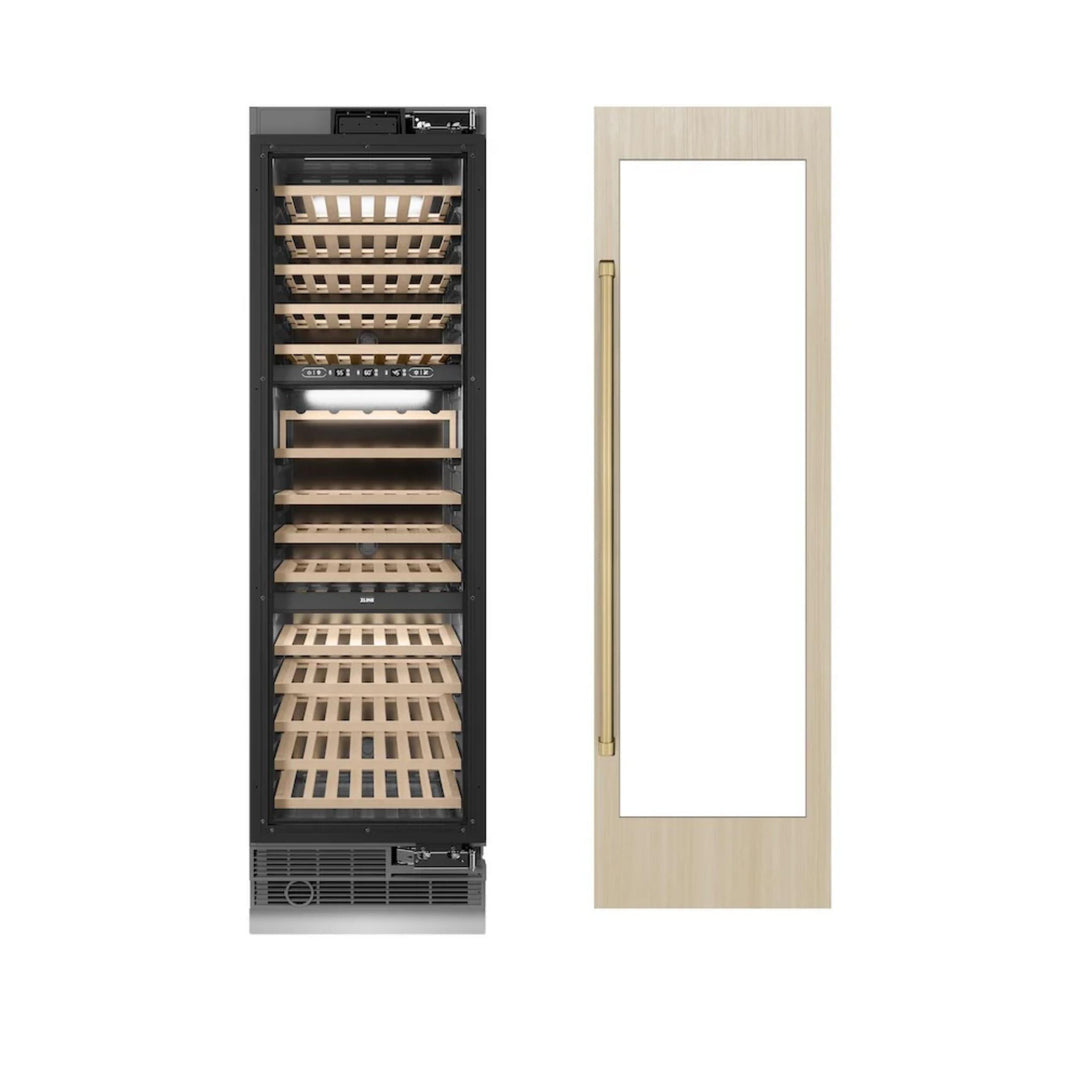 ZLINE 24-Inch 100-Bottle 12.4 Cu. Ft. Autograph Edition Triple Zone Panel Ready Column Wine Cooler with Champagne Bronze Accents
