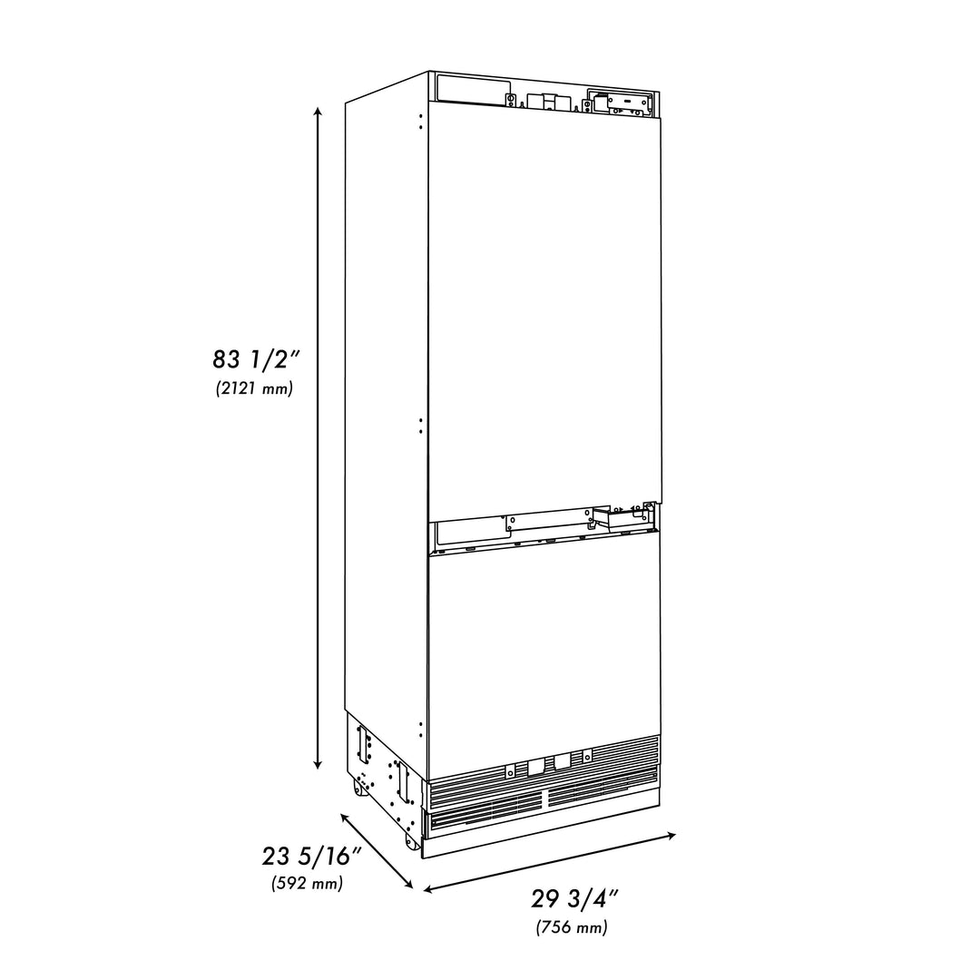 ZLINE 30" 16.1 cu. ft. Panel Ready Built-In Bottom Freezer Refrigerator with Water Dispenser and Ice Maker with Graphite Gray Interior, GRBIV-30