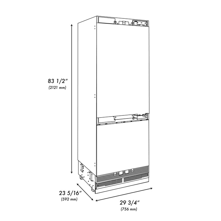 ZLINE 30" 16.1 cu. ft. Panel Ready Built-In Bottom Freezer Refrigerator with Water Dispenser and Ice Maker with Graphite Gray Interior, GRBIV-30