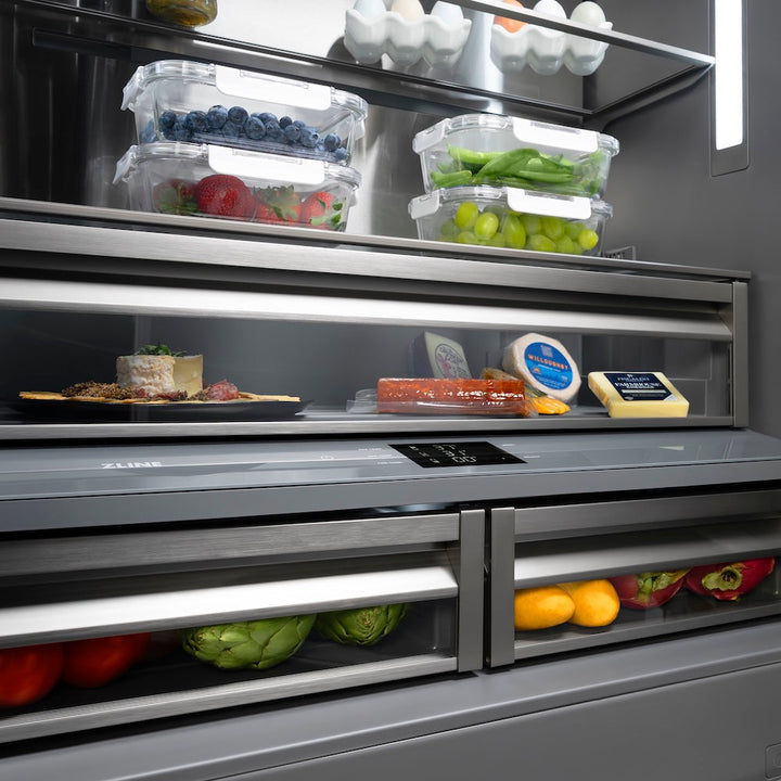 ZLINE 36 in. 19.6 cu. ft. Panel Ready French Door Built-In Bottom Freezer Refrigerator with Water Dispenser and Ice Maker with Graphite Gray Interior, Open Box-Excellent Condition