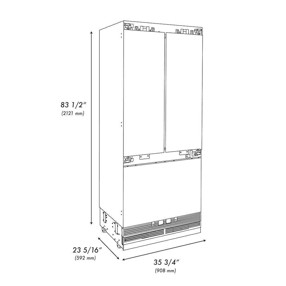 ZLINE 36 in. 19.6 cu. ft. Panel Ready French Door Built-In Bottom Freezer Refrigerator with Water Dispenser and Ice Maker with Graphite Gray Interior, Open Box-Excellent Condition