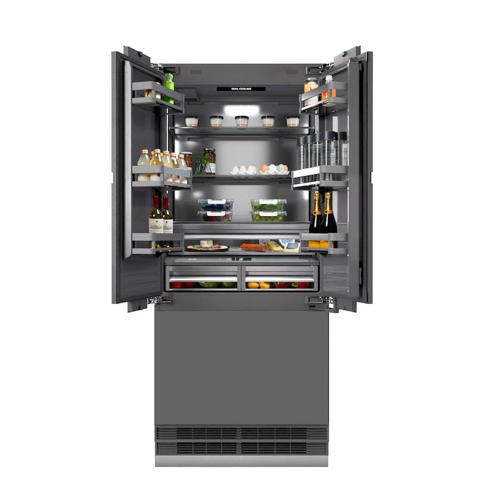 ZLINE 36 in. 19.6 cu. ft. Panel Ready French Door Built-In Bottom Freezer Refrigerator with Water Dispenser and Ice Maker with Graphite Gray Interior, Open Box-Excellent Condition