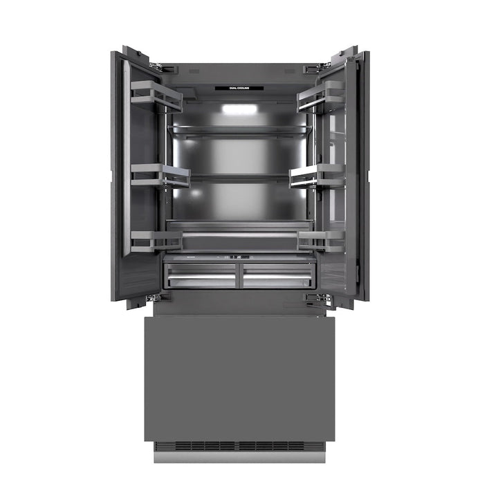 ZLINE 36 in. 19.6 cu. ft. Panel Ready French Door Built-In Bottom Freezer Refrigerator with Water Dispenser and Ice Maker with Graphite Gray Interior, Open Box-Excellent Condition