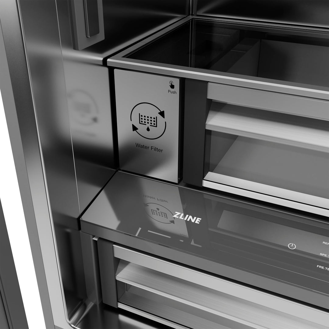 ZLINE 36 in. 19.6 cu. ft. Panel Ready French Door Built-In Bottom Freezer Refrigerator with Water Dispenser and Ice Maker with Stainless Steel Interior, Open Box-Excellent Condition