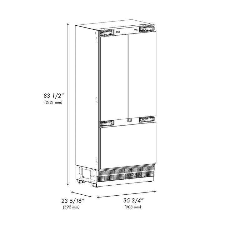 ZLINE 36 in. 19.6 cu. ft. Panel Ready French Door Built-In Bottom Freezer Refrigerator with Water Dispenser and Ice Maker with Stainless Steel Interior, Open Box-Excellent Condition