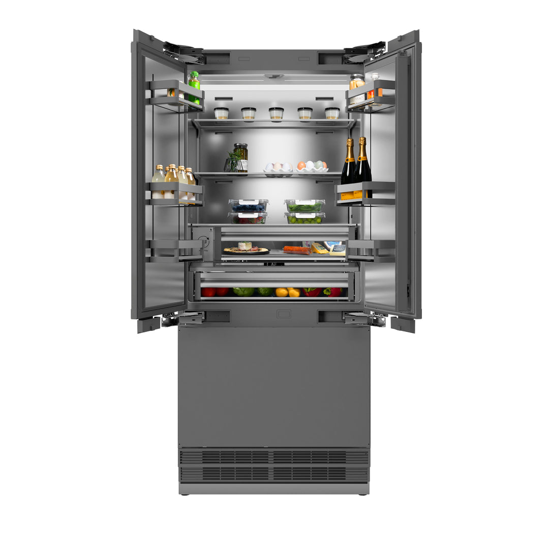 ZLINE 36 in. 19.6 cu. ft. Panel Ready French Door Built-In Bottom Freezer Refrigerator with Water Dispenser and Ice Maker with Stainless Steel Interior, Open Box-Excellent Condition