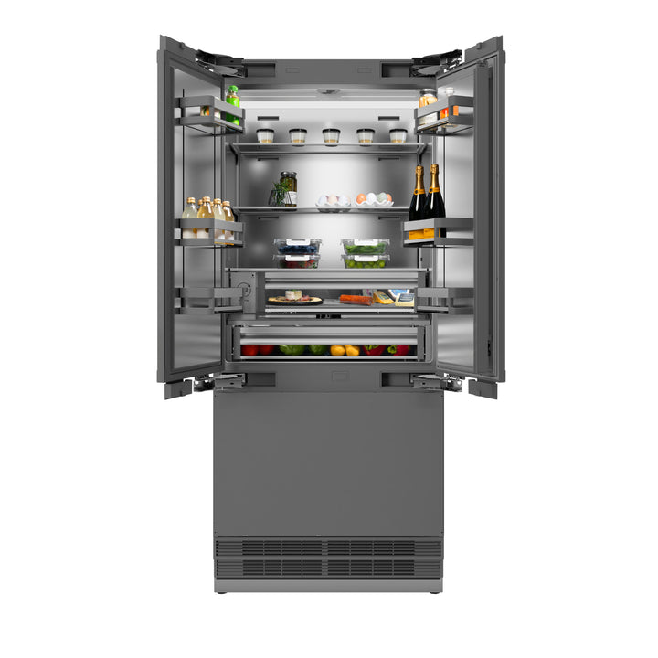 ZLINE 36 in. 19.6 cu. ft. Panel Ready French Door Built-In Bottom Freezer Refrigerator with Water Dispenser and Ice Maker with Stainless Steel Interior, Open Box-Excellent Condition