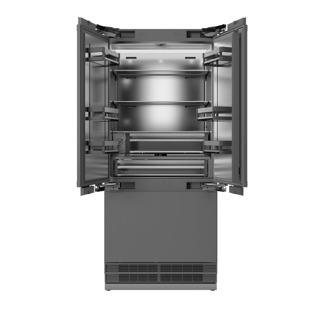 ZLINE 36 in. 19.6 cu. ft. Panel Ready French Door Built-In Bottom Freezer Refrigerator with Water Dispenser and Ice Maker with Stainless Steel Interior, Open Box-Excellent Condition