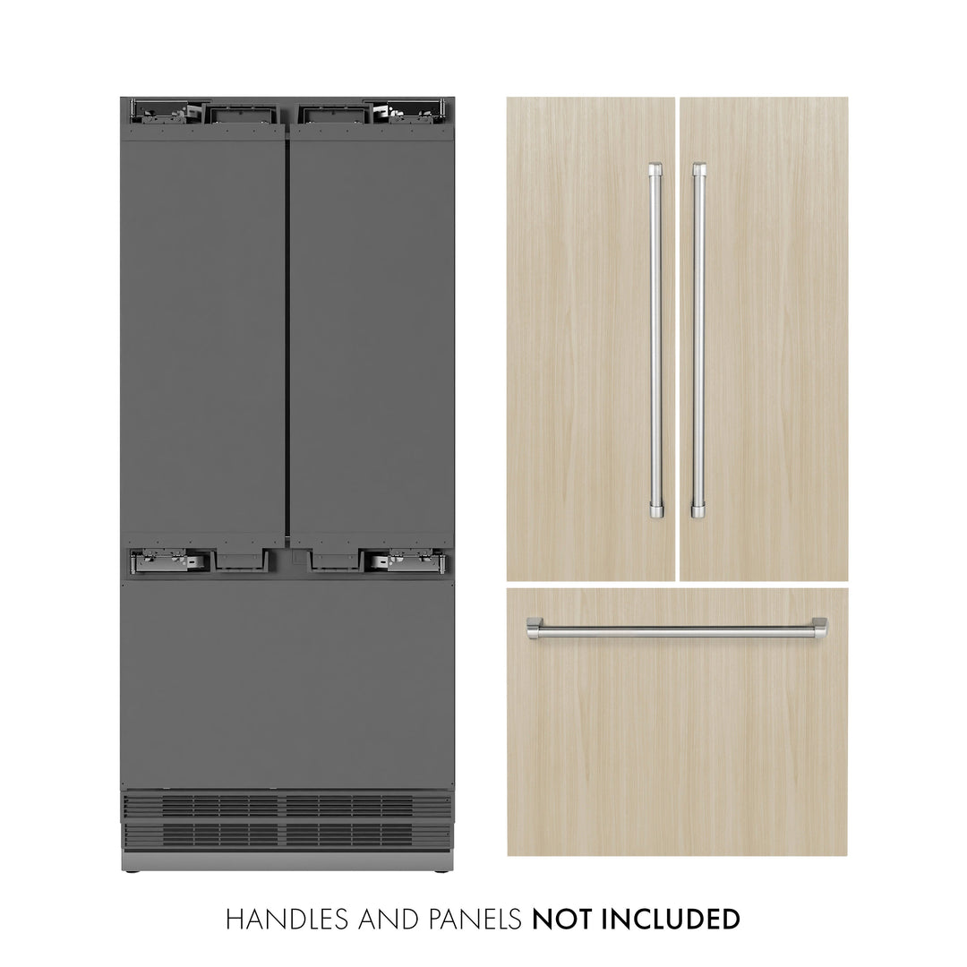 ZLINE 36 in. 19.6 cu. ft. Panel Ready French Door Built-In Bottom Freezer Refrigerator with Water Dispenser and Ice Maker with Stainless Steel Interior, Open Box-Excellent Condition