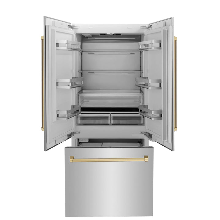 ZLINE Autograph Bronze Package - 36" Rangetop, 36" Range Hood, Dishwasher, Built-In Refrigerator, Microwave Oven