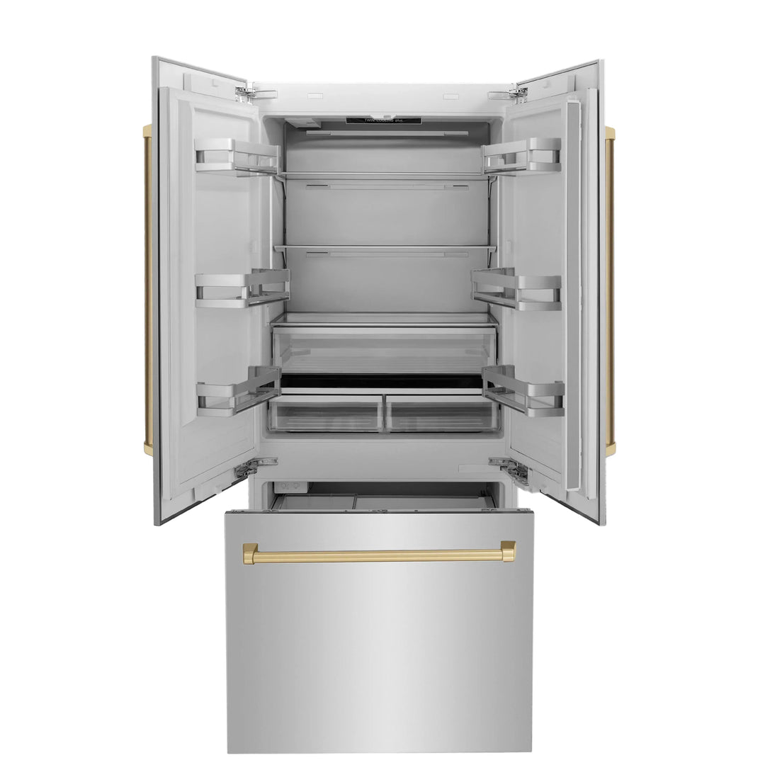 ZLINE Autograph Bronze Package - 36" Rangetop, 36" Range Hood, Dishwasher, Built-In Refrigerator, Microwave Drawer