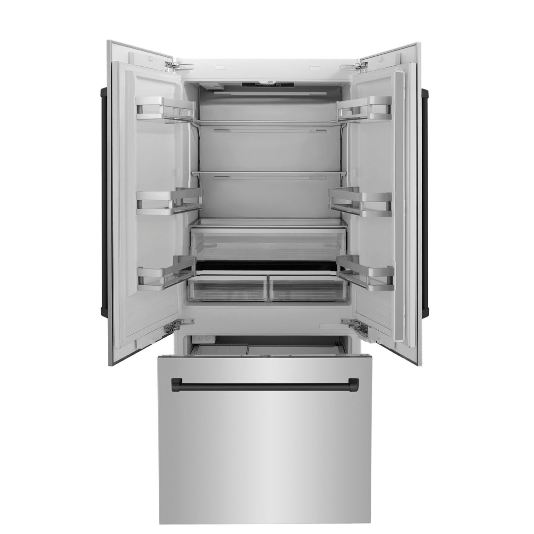 ZLINE Autograph Matte Black Package - 36" Rangetop, 36" Range Hood, Dishwasher, Built-In Refrigerator, Microwave Drawer