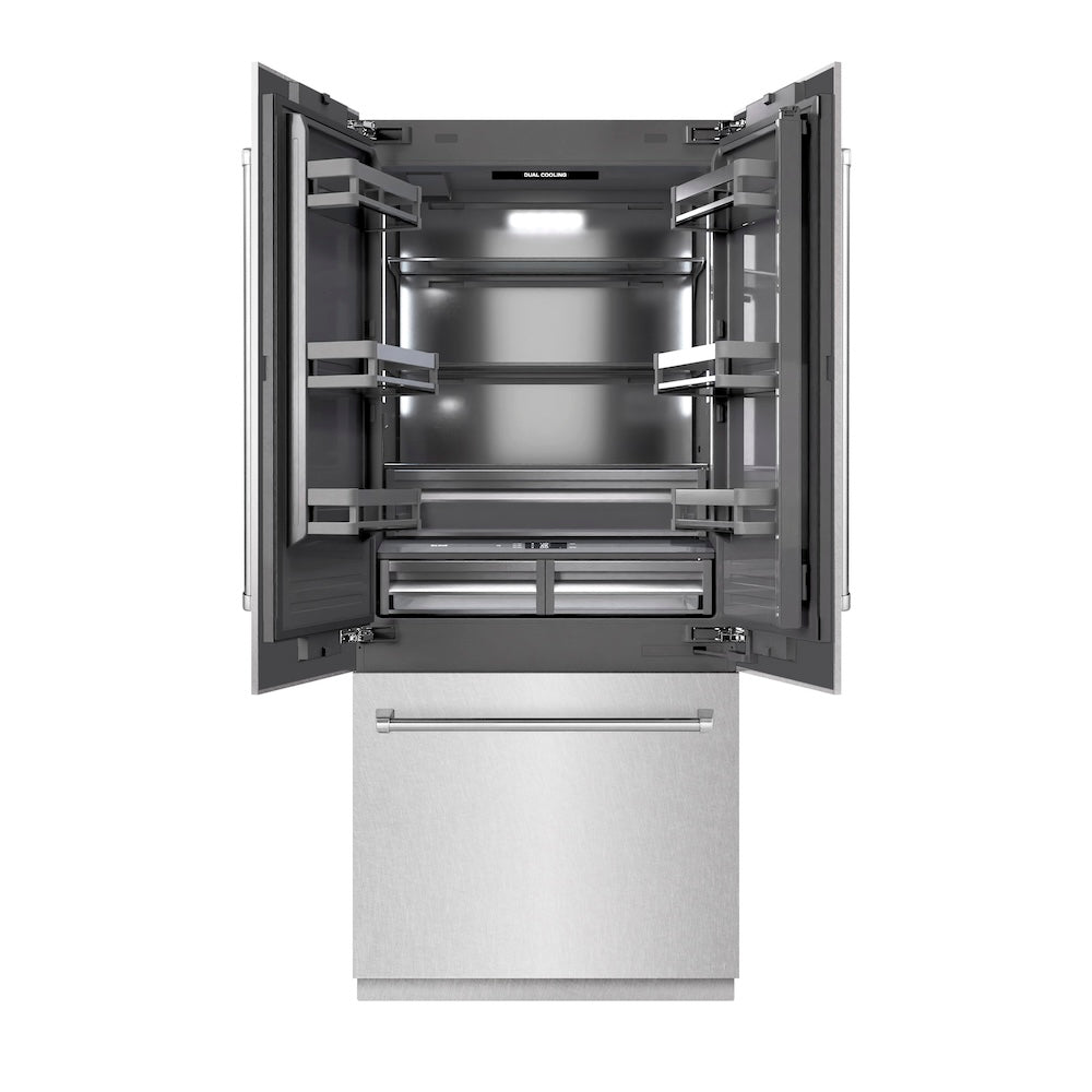 ZLINE 36 in. 19.6 cu. ft. French Door Built-In Bottom Freezer Refrigerator with Water Dispenser and Ice Maker in Stainless Steel with Graphite Gray Interior