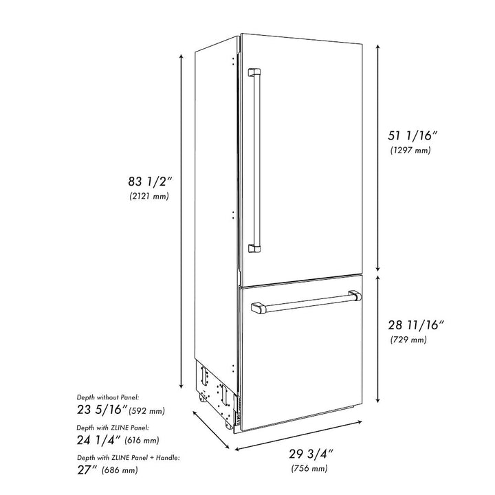 ZLINE 30 in. 16.1 cu. ft. Built-In Bottom Freezer Refrigerator with Water Dispenser and Ice Maker in Satin Stainless Steel (RBIV-SN-30)