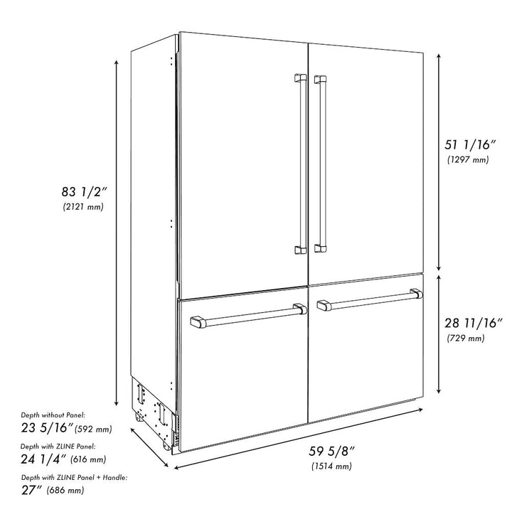 ZLINE 60 in. 32.2 cu. ft. French Door Built-In Bottom Freezer Refrigerator with Water Dispensers and Ice Makers in Satin Stainless Steel (RBIV-SN-60)