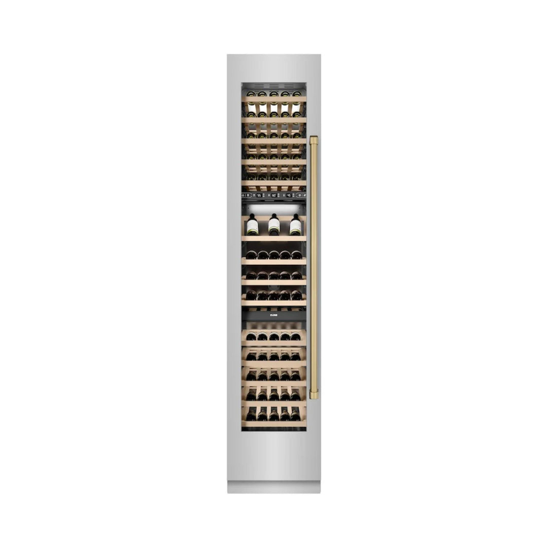 ZLINE 18-Inch 9.0 Cu. Ft. Autograph Edition Triple Zone Panel Ready Left Hinge Column Wine Cooler with Polished Gold Accents